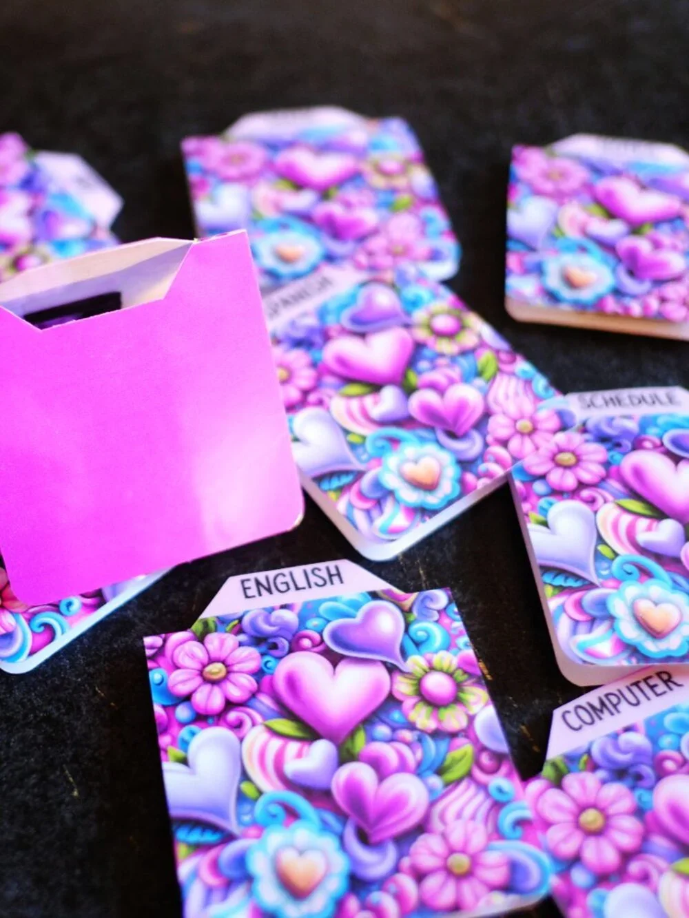 Handmade School Subject Magnetic Tabs, dividers, 3d purple hearts, notebook